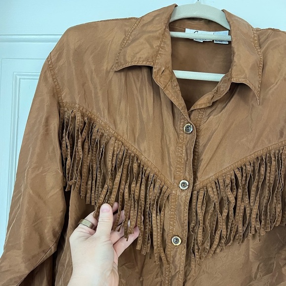 Vintage 100% Silk Fringe Western Shirt – Brown Cowboy Boho Top Size S Fiji Sport - Picture 4 of 7